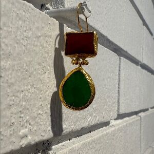 Gold-Plated Green and Magenta Drop Earrings - Women Jewelry